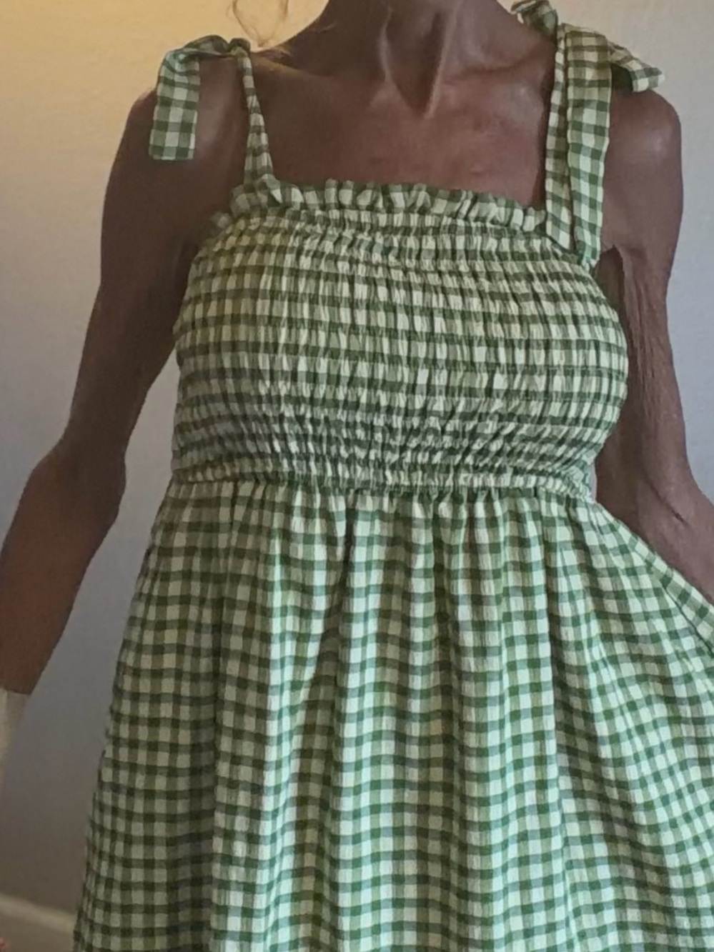 Smocked Green Gingham Tie-Shoulder Midi Dress